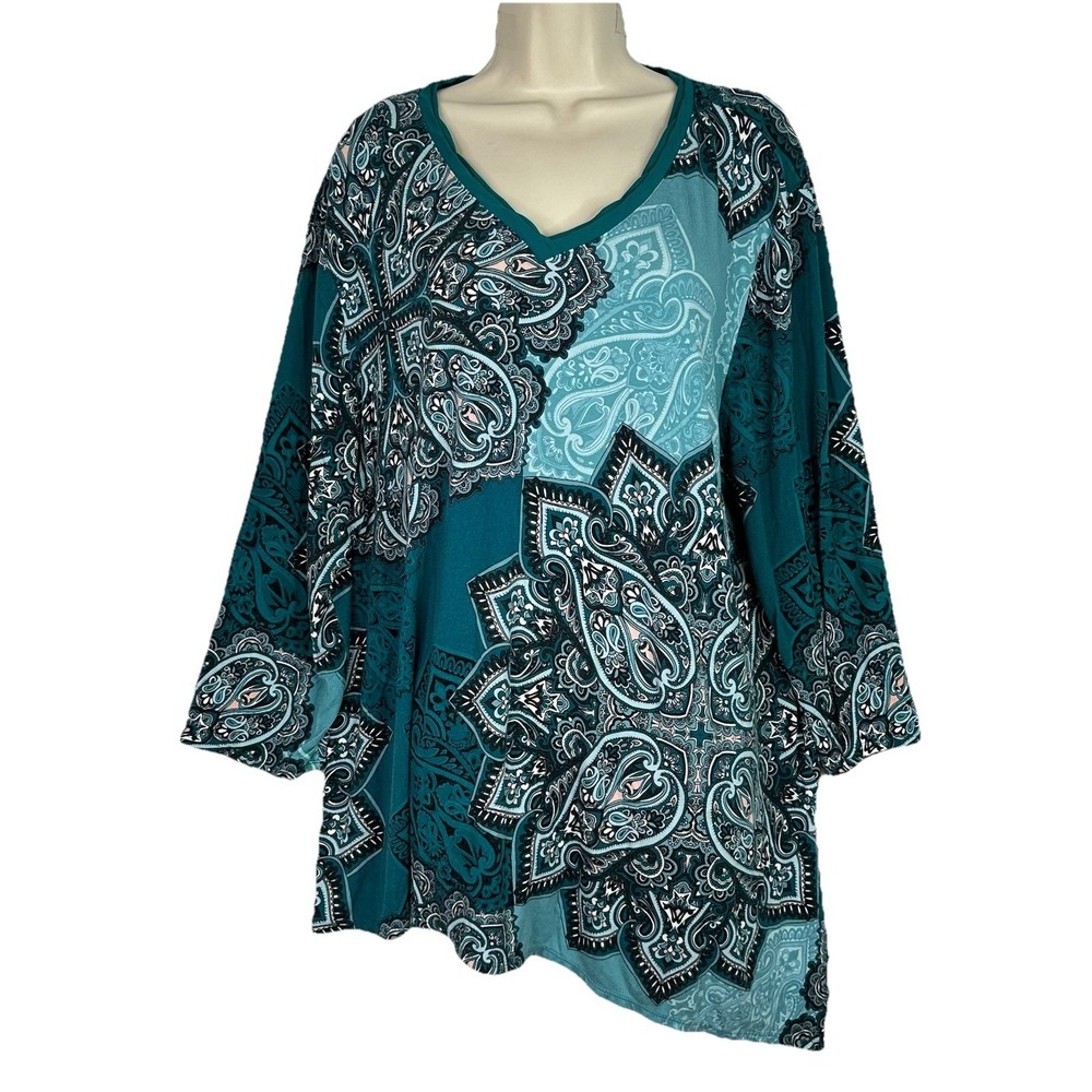 Chico's Tunic Top Size 4 XXL Teal Paisley Asymmetrical Hem V Neck Boho